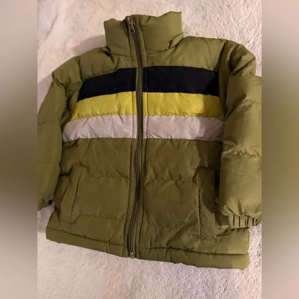 Kids Olive Green Puffer Jacket with Stripes